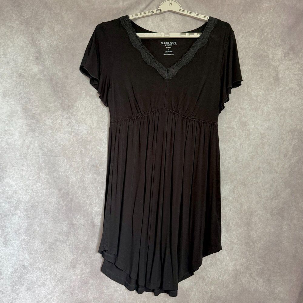 Torrid sleep dress womens 1X black lace trim flutter sleeve super soft nightgown